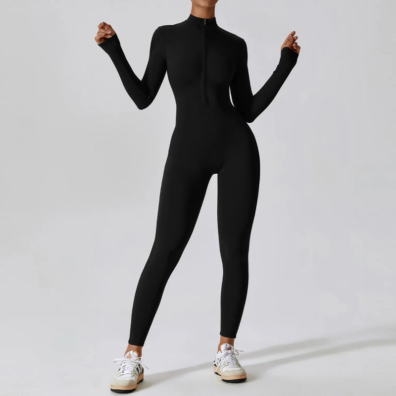 Conjunto Macacão Feminino com Zíper, Manga Longa, Roupa de Treino e Fitness