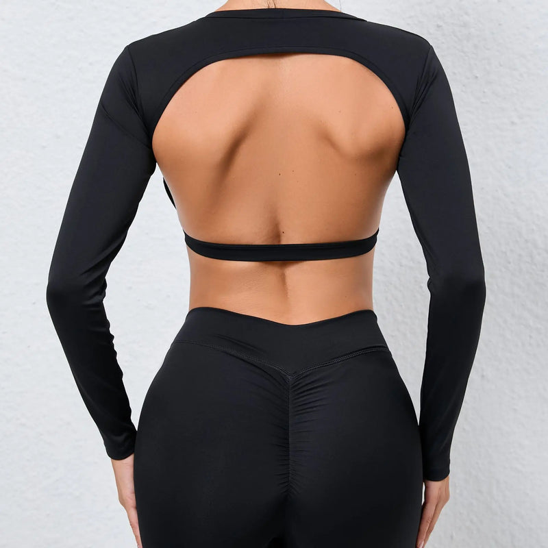 Top Feminino de Yoga – Manga Longa, Sem Costas e Rápida Secagem