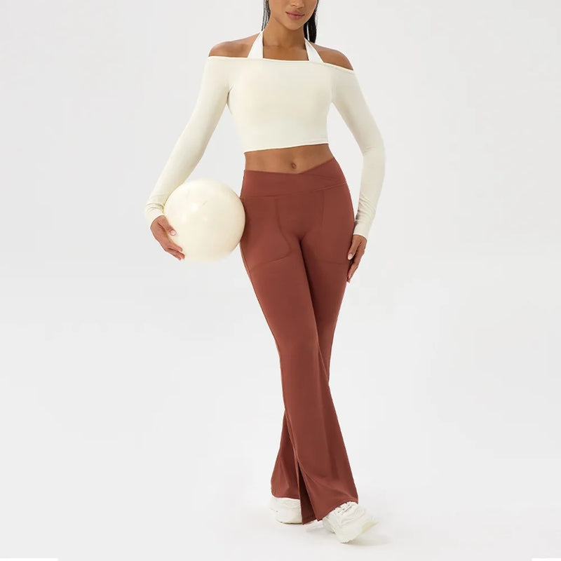 Camiseta Feminina Off Shoulder – Manga Longa, Rápida Secagem e Fitness