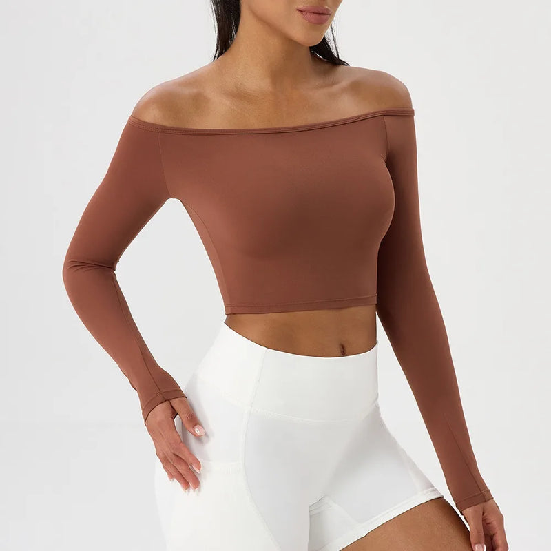 Camiseta Feminina Off Shoulder – Manga Longa, Rápida Secagem e Fitness