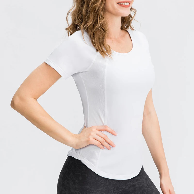 Camiseta Feminina de Yoga – Manga Curta, Rápida Secagem e Fitness