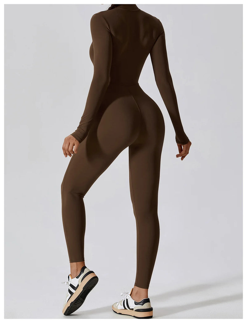 Conjunto Macacão Feminino com Zíper, Manga Longa, Roupa de Treino e Fitness
