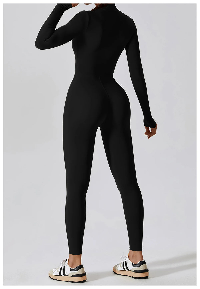 Conjunto Macacão Feminino com Zíper, Manga Longa, Roupa de Treino e Fitness