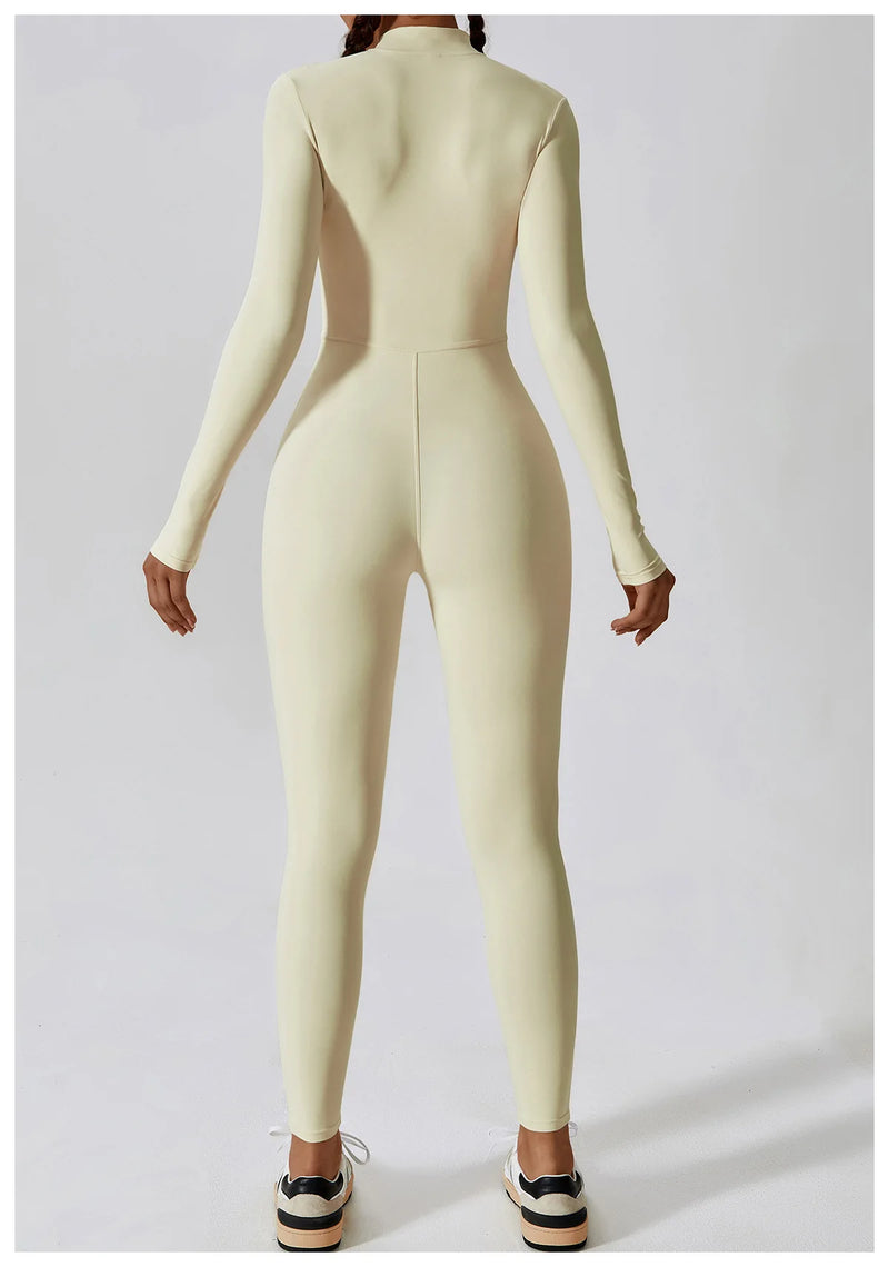Conjunto Macacão Feminino com Zíper, Manga Longa, Roupa de Treino e Fitness