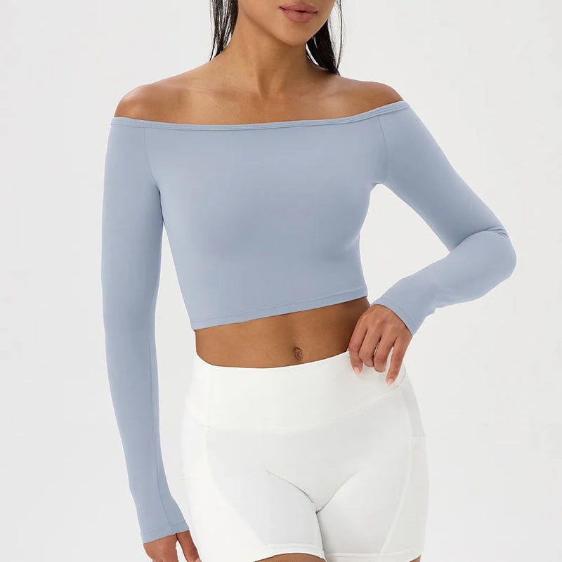 Camiseta Feminina Off Shoulder – Manga Longa, Rápida Secagem e Fitness