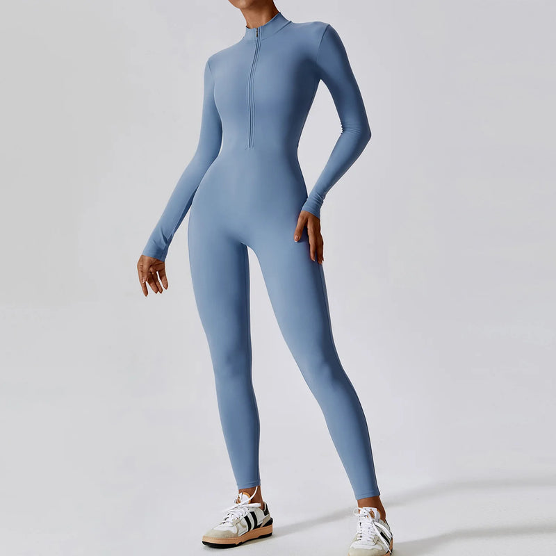 Conjunto Macacão Feminino com Zíper, Manga Longa, Roupa de Treino e Fitness