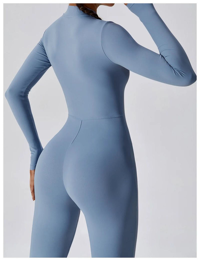Conjunto Macacão Feminino com Zíper, Manga Longa, Roupa de Treino e Fitness