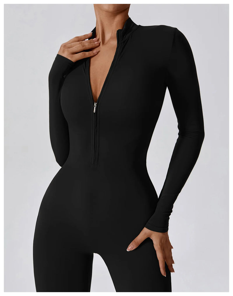 Conjunto Macacão Feminino com Zíper, Manga Longa, Roupa de Treino e Fitness