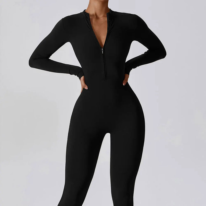 Conjunto Macacão Feminino com Zíper, Manga Longa, Roupa de Treino e Fitness