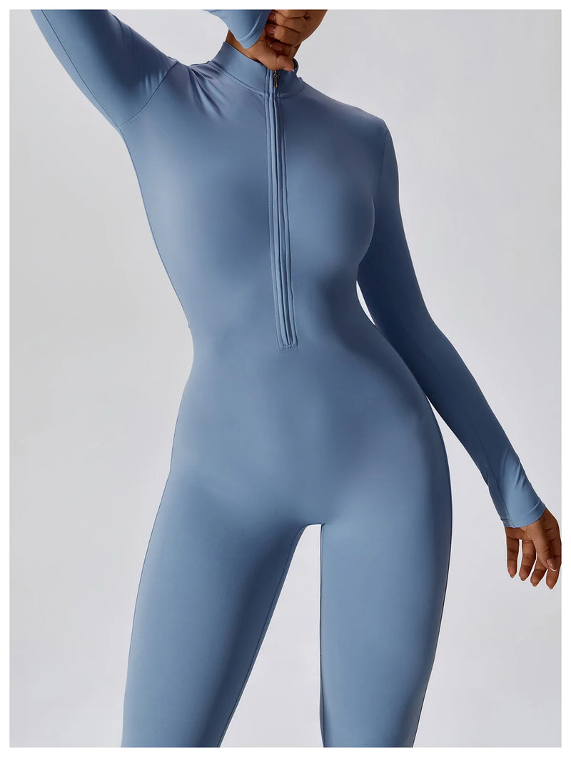 Conjunto Macacão Feminino com Zíper, Manga Longa, Roupa de Treino e Fitness