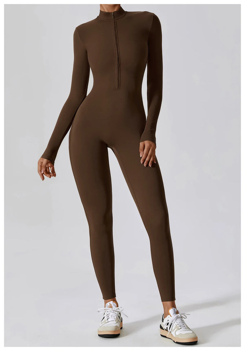 Conjunto Macacão Feminino com Zíper, Manga Longa, Roupa de Treino e Fitness