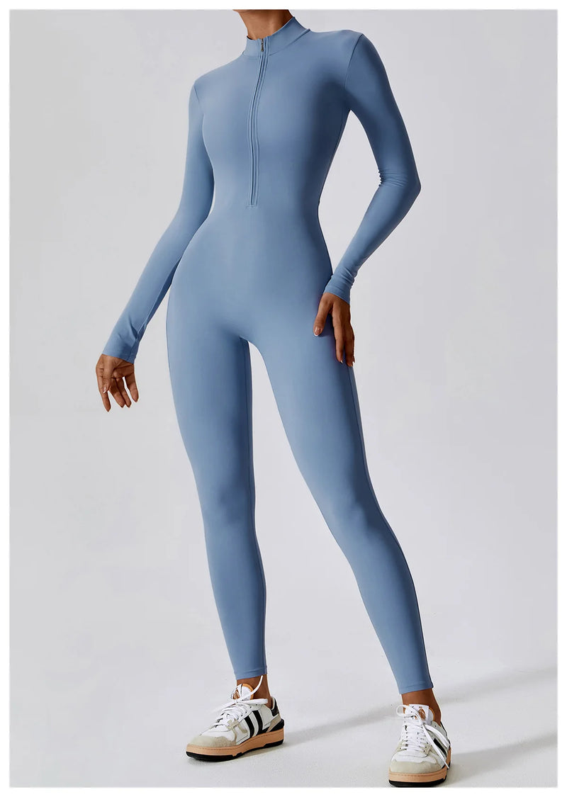 Conjunto Macacão Feminino com Zíper, Manga Longa, Roupa de Treino e Fitness