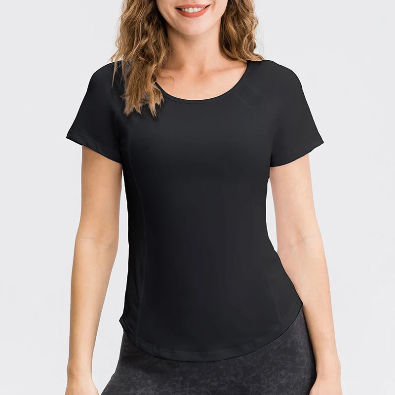 Camiseta Feminina de Yoga – Manga Curta, Rápida Secagem e Fitness