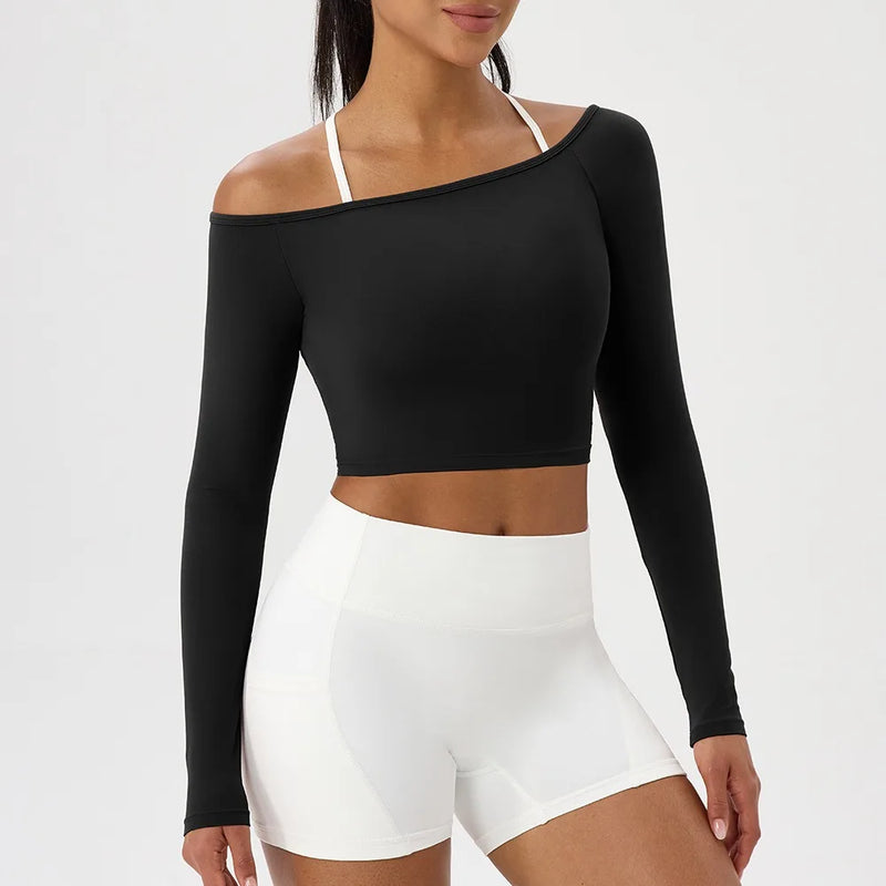 Camiseta Feminina Off Shoulder – Manga Longa, Rápida Secagem e Fitness