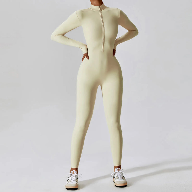 Conjunto Macacão Feminino com Zíper, Manga Longa, Roupa de Treino e Fitness