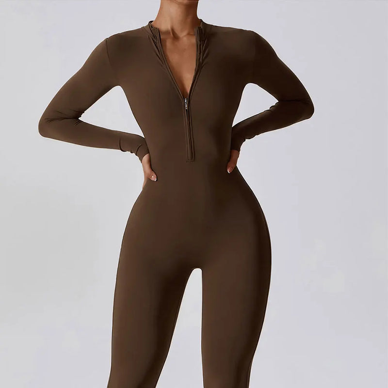 Conjunto Macacão Feminino com Zíper, Manga Longa, Roupa de Treino e Fitness