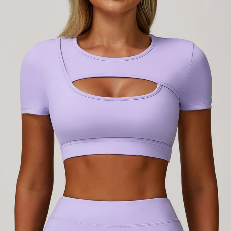 Camiseta Feminina Fitness – Manga Curta, Rápida Secagem e Hollow Out