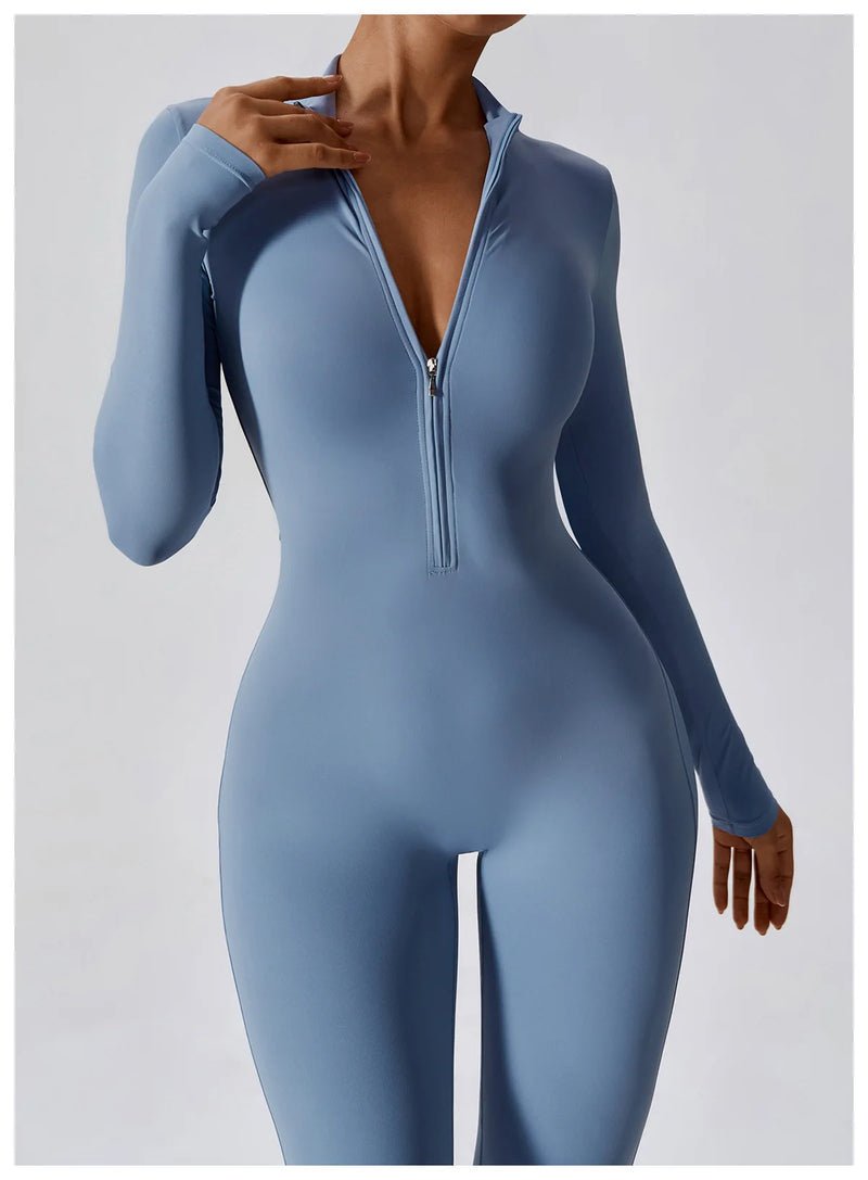Conjunto Macacão Feminino com Zíper, Manga Longa, Roupa de Treino e Fitness