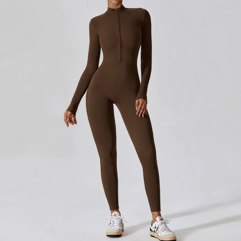 Conjunto Macacão Feminino com Zíper, Manga Longa, Roupa de Treino e Fitness