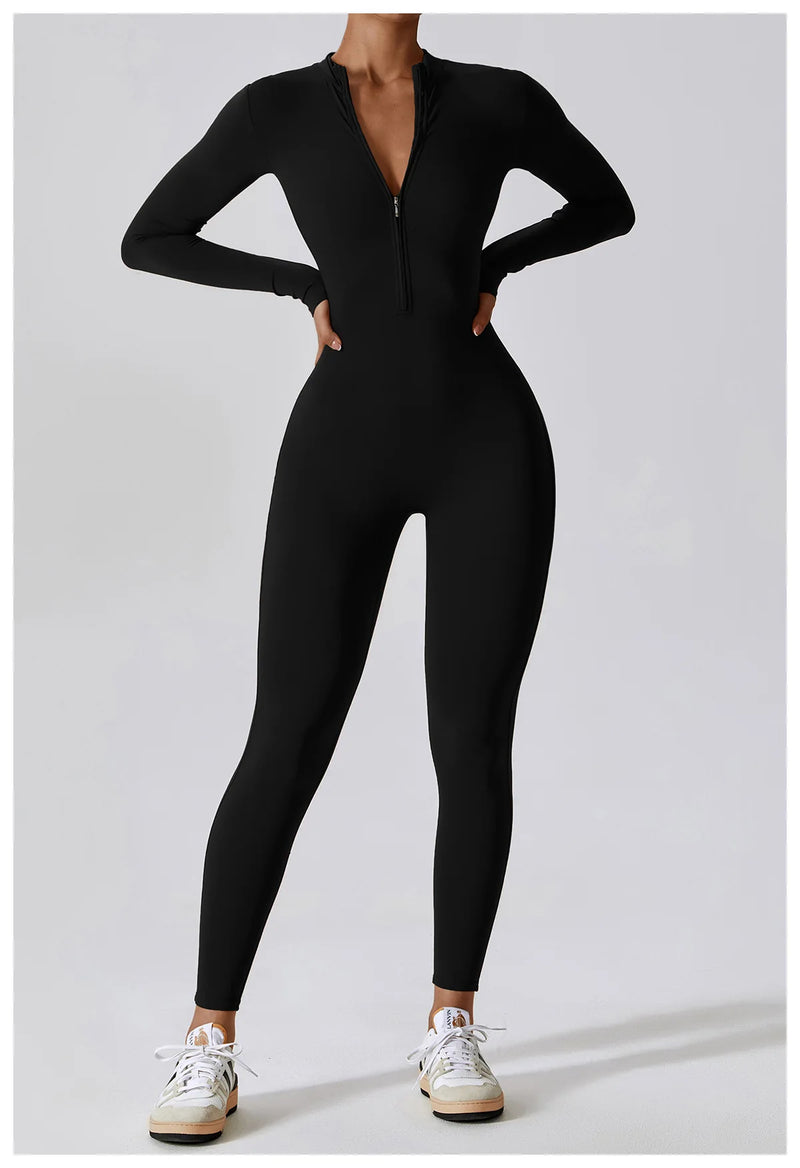 Conjunto Macacão Feminino com Zíper, Manga Longa, Roupa de Treino e Fitness
