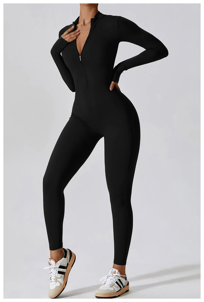 Conjunto Macacão Feminino com Zíper, Manga Longa, Roupa de Treino e Fitness