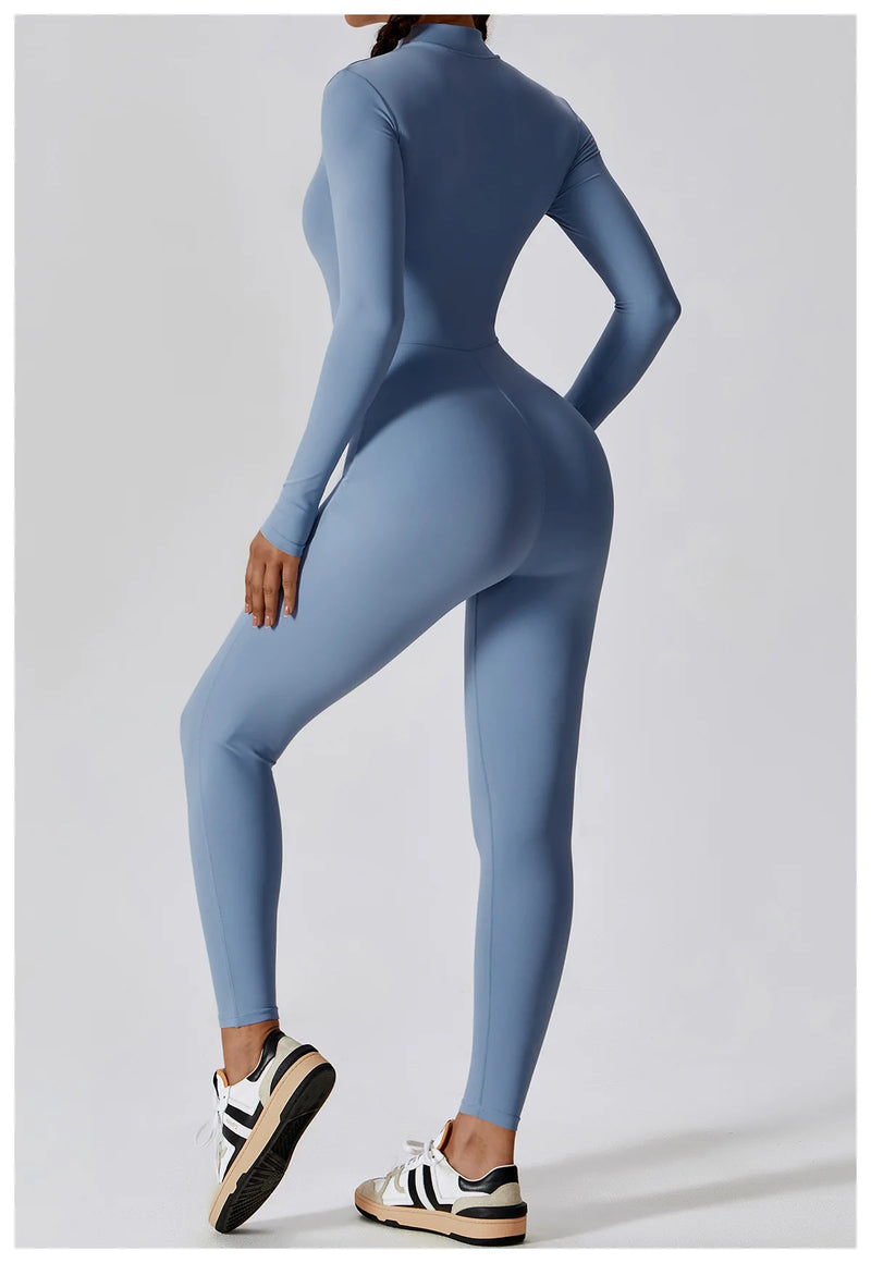 Conjunto Macacão Feminino com Zíper, Manga Longa, Roupa de Treino e Fitness