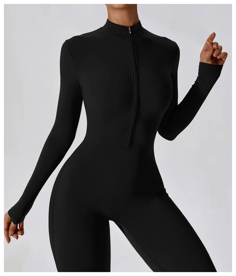 Conjunto Macacão Feminino com Zíper, Manga Longa, Roupa de Treino e Fitness