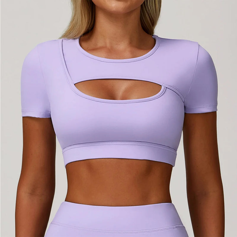 Camiseta Feminina Fitness – Manga Curta, Rápida Secagem e Hollow Out