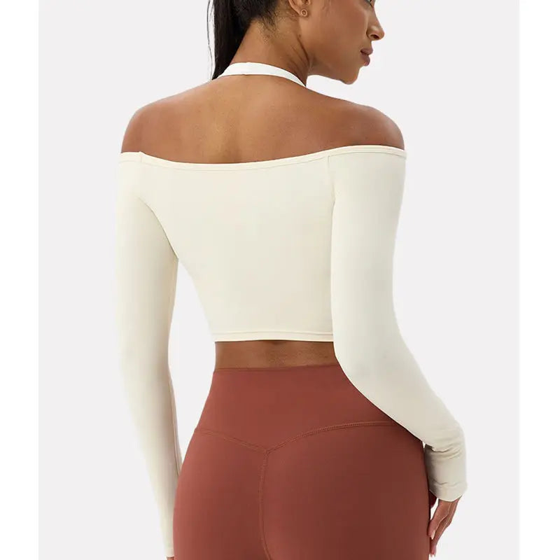 Camiseta Feminina Off Shoulder – Manga Longa, Rápida Secagem e Fitness