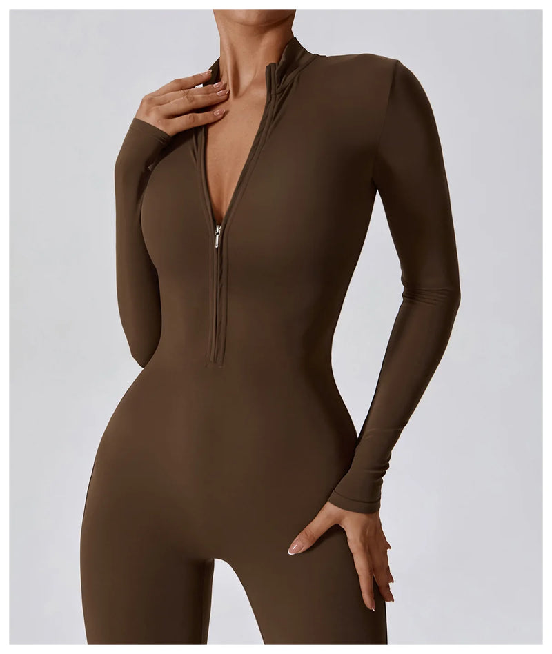 Conjunto Macacão Feminino com Zíper, Manga Longa, Roupa de Treino e Fitness