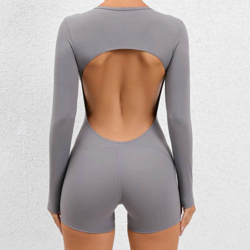 Macacão Feminino de Yoga – Manga Longa, Sem Costas e Fitness